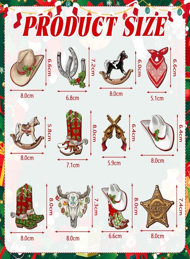 Memorywuu 36 Pcs Western Christmas Ornaments Cowboy Xmas Tree Decorations Cowboy Hat Boots Sheriff Badge Christmas Baubles Horse Cattle Wooden Cutouts for Tree Home Wreath Party Indoor Decor - Image 3